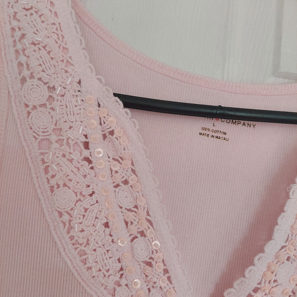 V-Neck Embroidered, Beaded and Sequined Ribbed Sleeveless Tank Top Pink - Picture 2 of 8